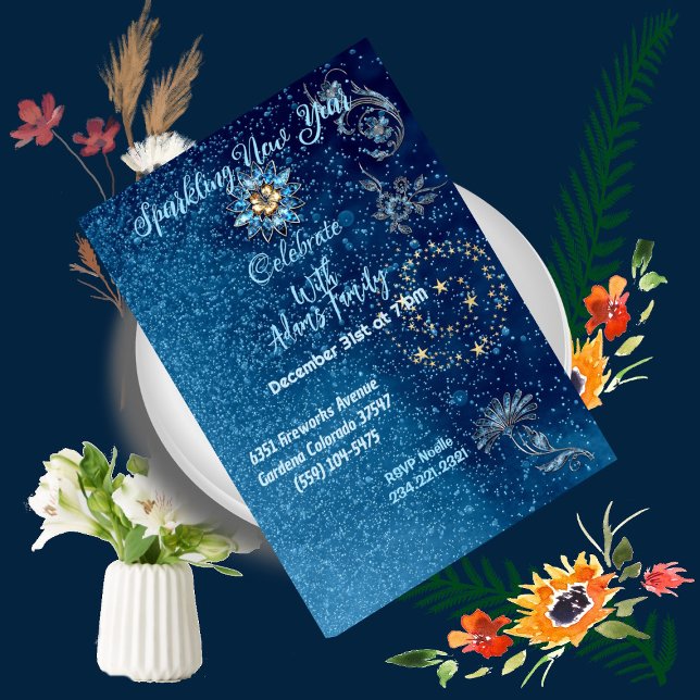 Invitation Bleu étincelant Nouvel An Parties scintillant Étoi (Blue Sparkling New Year Glitter Stars Floral Party Invitation)
