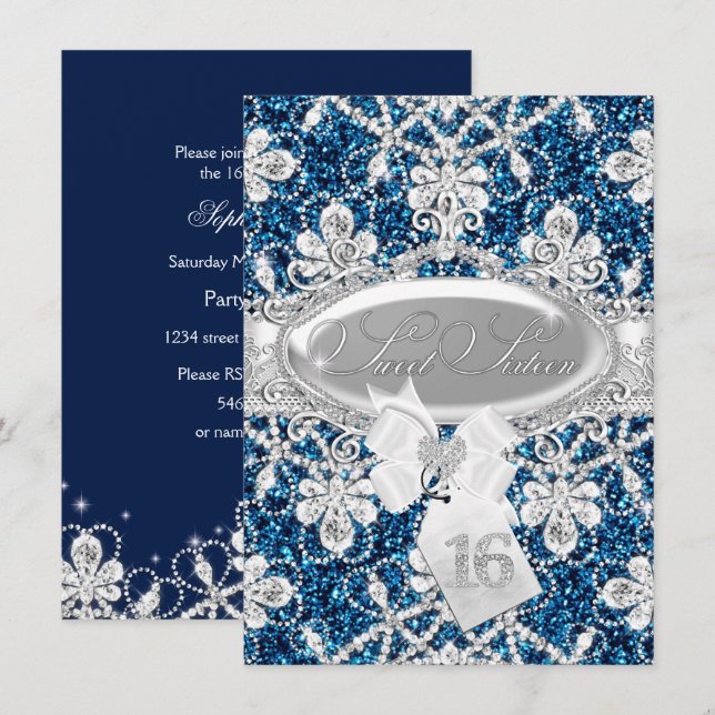 Invitation Bleu étincelle Diamant & Parties scintillant Sweet (Devant / Derrière)