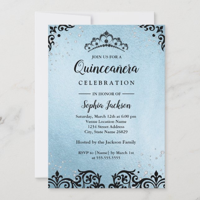 Invitation Bleu étincelle Tiara Damask Quinceanera (Devant)