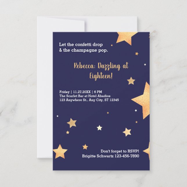 Invitation Bleu étoiles parties scintillant et or éblouissant (Devant)