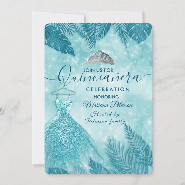 Invitation Bleu feuille tropical tiara Quinceañera (Devant)