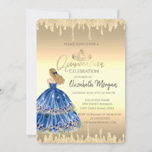 Invitation Bleu fille, Tiara, Parties scintillant gouttes or 