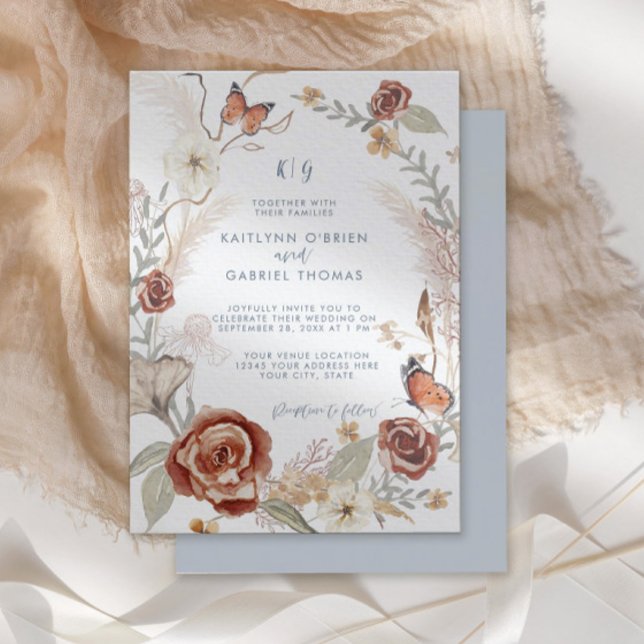 Invitation Bleu Fleur sauvage Floral Wreath Papillon vert (Créateur téléchargé)