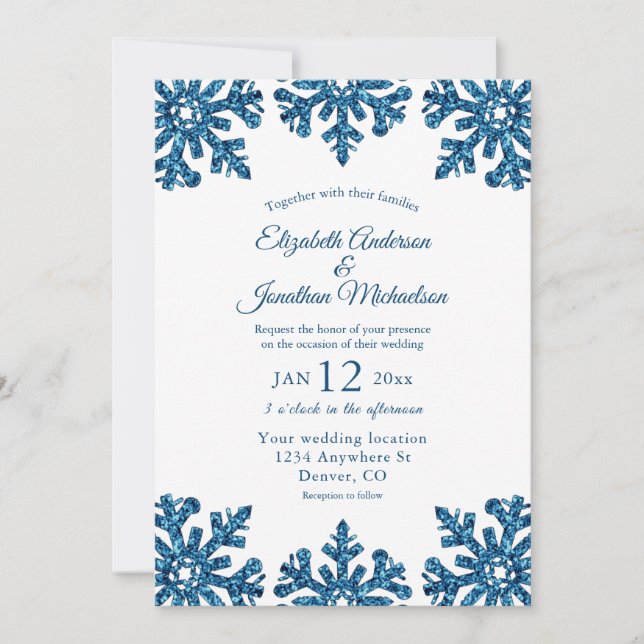 Invitation Bleu Flocon de neige Mariage d'hiver (Devant)