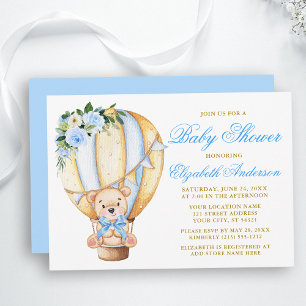 Invitation Bleu Floral Air Balloon Baby shower Ours en Teddy