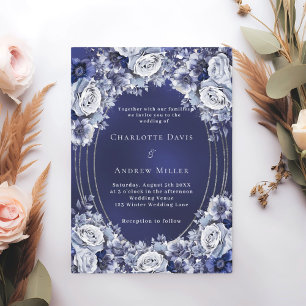 Invitation Bleu floral argent cadre mariage
