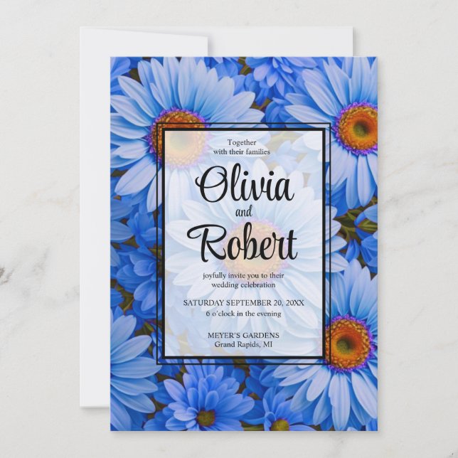 Invitation Bleu floral bleu tournesol bleu marguerites Mariag (Devant)