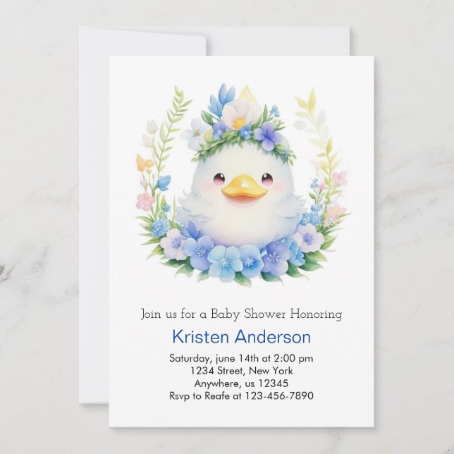 Invitation Bleu Floral Blissful Duck Meadow Boy Baby shower (Devant)