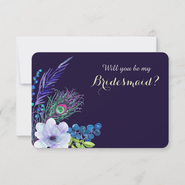 Invitation Bleu Floral Bohème Plume Demoiselle d'Honneur (Devant)