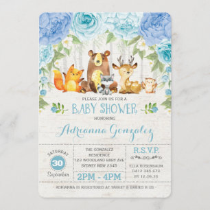 Invitation Bleu Floral Bois Animaux Bois Baby shower