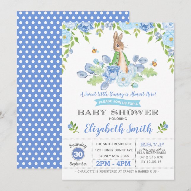 Invitation Bleu Floral Bunny Baby shower Woodland Boy Rabbit (Devant / Derrière)