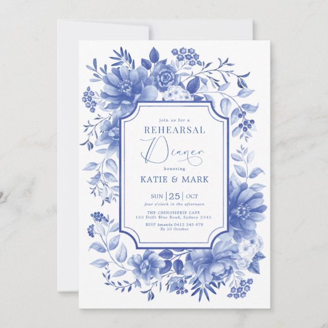 Invitation Bleu Floral Chinoiserie Porcelaine Dîner de répéti (Devant)