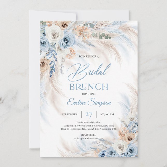 Invitation Bleu Floral et ivoire Rose Pampas Brunch nuptial (Devant)