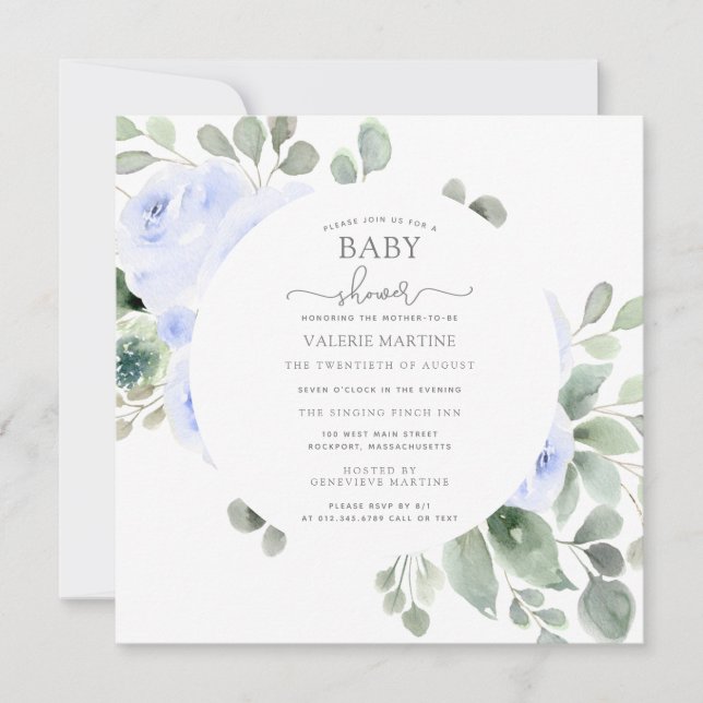 Invitation Bleu Floral Eucalyptus Baby shower botanique (Devant)