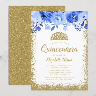 Invitation Bleu Floral Faux Gold Parties scintillant Tiara Qu