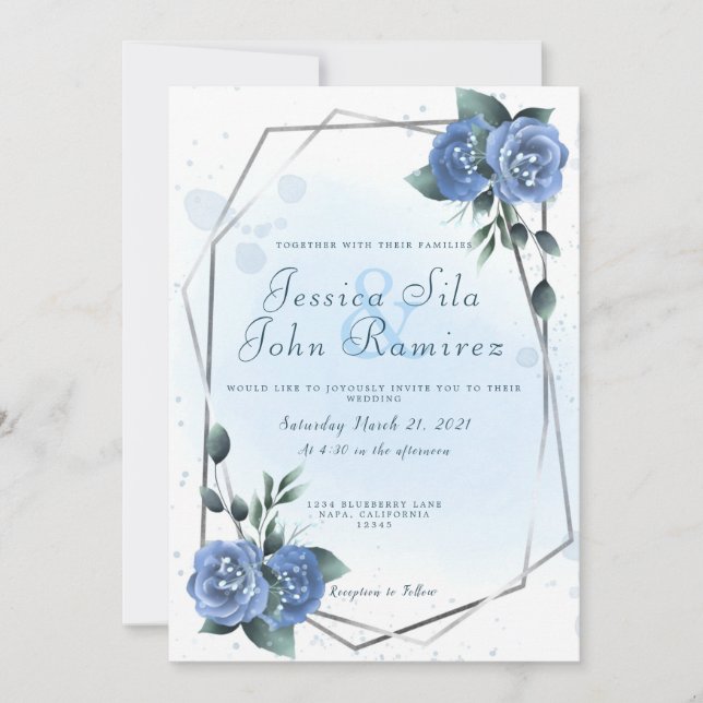Invitation Bleu Floral Faux Silver Foil Couleur de l'eau (Devant)