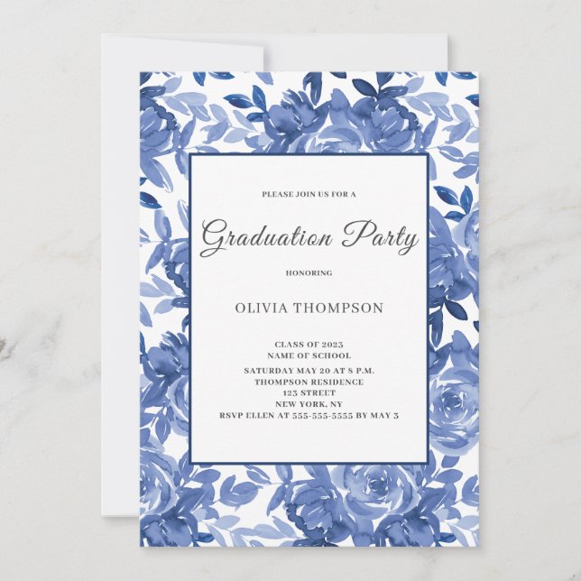 Invitation Bleu Floral Graduation Party (Devant)