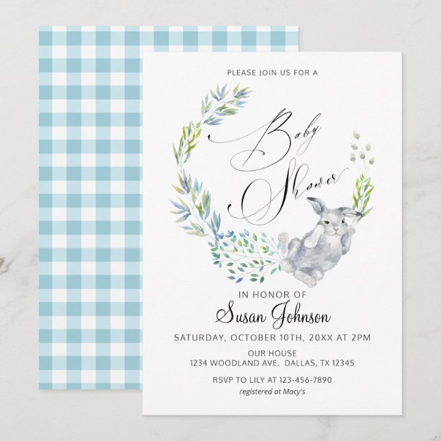 Invitation Bleu Floral Lapin Calligraphie Baby shower de prin (Devant / Derrière)
