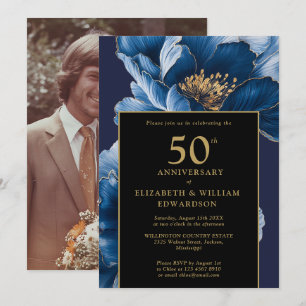 Invitation Bleu Floral Noir et Or 50ème anniversaire Photo