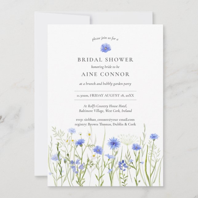 Invitation Bleu floral nuptiale, fleurs sauvages d'été (Devant)