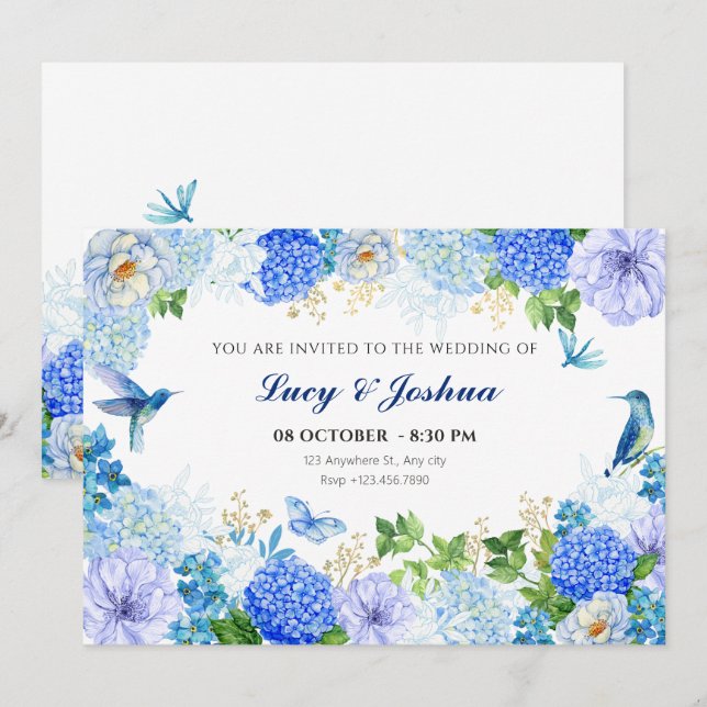 Invitation Bleu floral oiseau simple élégant mariage (Devant / Derrière)