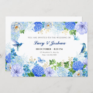 Invitation Bleu floral oiseau simple élégant mariage