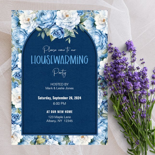 Invitation Bleu Floral Pattern Élégante Fête de réchauffement (Créateur téléchargé)