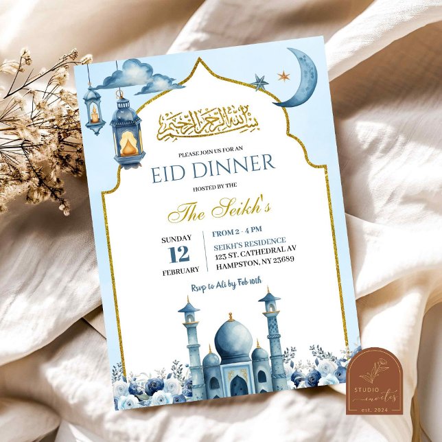 Invitation Bleu Floral Ramadan Islam Aïd Iftar Dîner (Créateur téléchargé)
