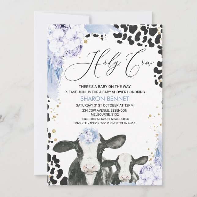 Invitation Bleu Floral Vache Calf Boho Baby shower Floral (Devant)