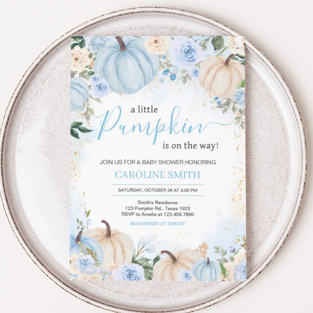 Invitation Bleu Floral Verdure Petit Baby shower Citrouille (Greenery Floral Pumpkin Invitation)