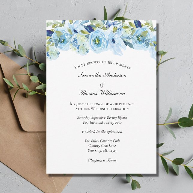 Invitation Bleu Floral Vert Élégant Mariage moderne (Créateur téléchargé)
