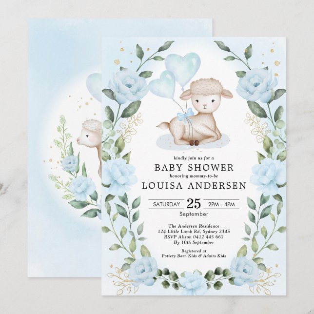 Invitation Bleu Floral Vert Petit Agneau Bébé Mouton Douche (Devant / Derrière)