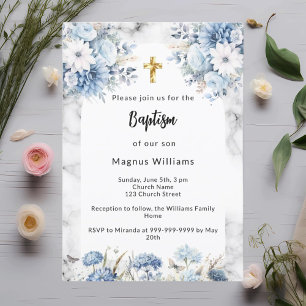 Invitation Bleu flores marbre arche or croix baptême