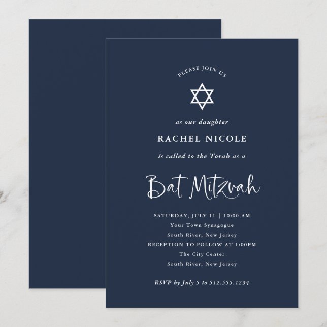 Invitation Bleu foncé avec calligraphie blanche | Bat mitzvah (Devant / Derrière)