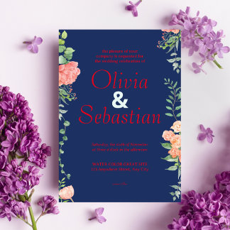 Invitation Bleu foncé avec typographie rouge mariage élégant