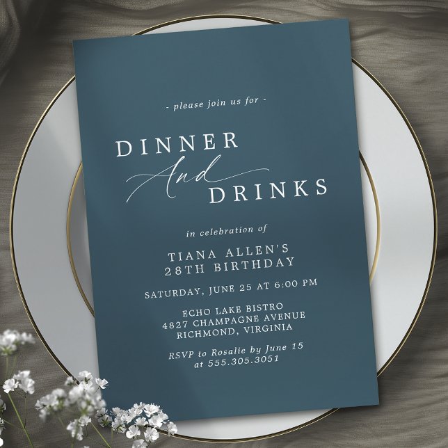 Invitation Bleu foncé de la marine | Élégant Dîner d'annivers (Créateur téléchargé)