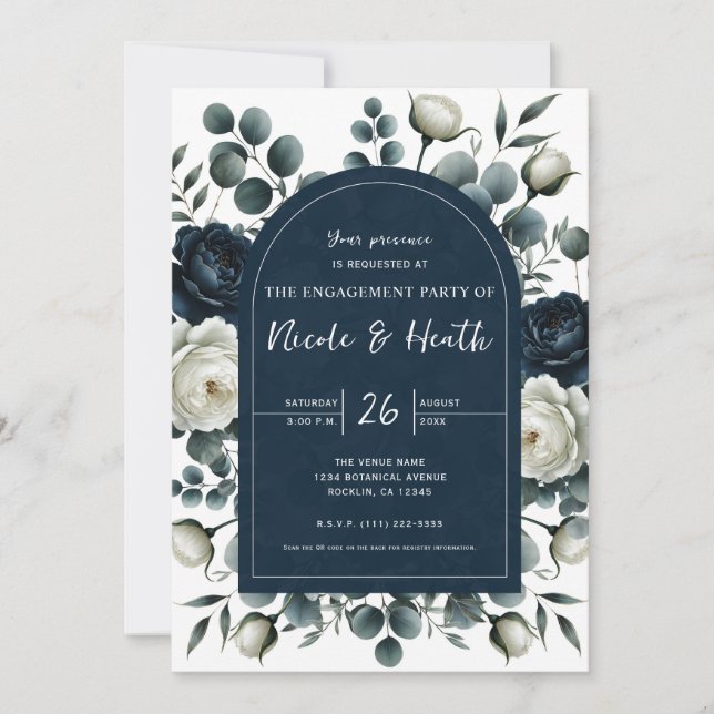 Invitation Bleu foncé et blanc Fiançailles floral moderne (Devant)