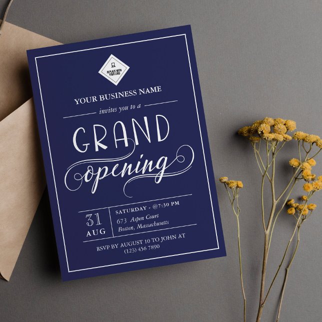 Invitation Bleu foncé et blanc Grand ouverture de votre logo (Créateur téléchargé)