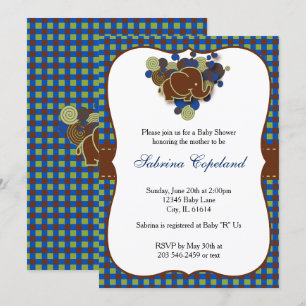 Invitation Bleu foncé et éléphant bébé Brown Baby shower
