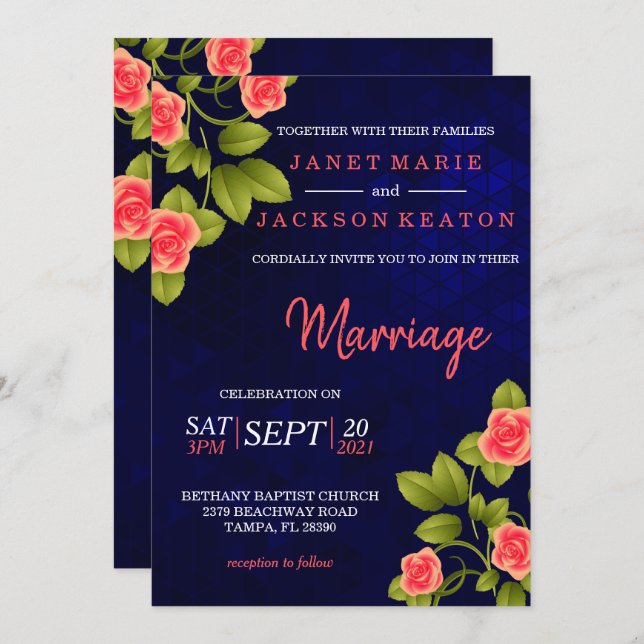 Invitation Bleu foncé et fleur Rose de corail (Devant / Derrière)