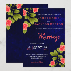 Invitation Bleu foncé et fleur Rose de corail