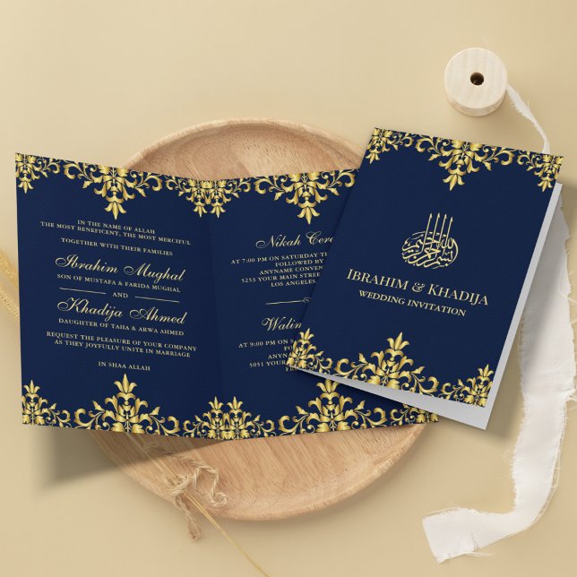 Invitation Bleu foncé et or Foil Damask Mariage islamique (Créateur téléchargé)