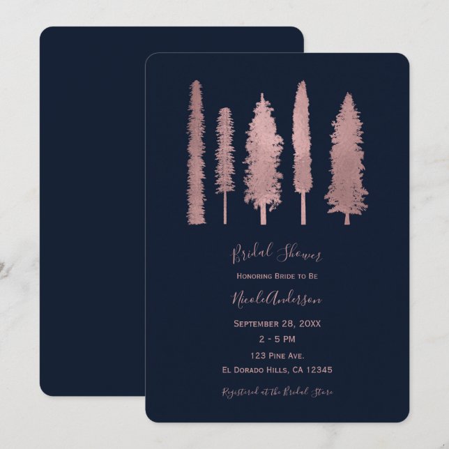 Invitation Bleu foncé et Rose Fête des mariées des arbres de  (Devant / Derrière)