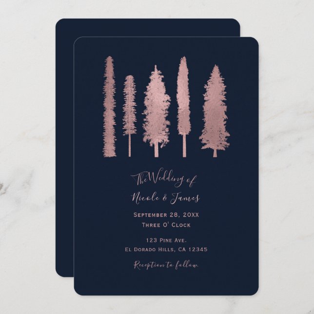 Invitation Bleu foncé et Rose Forêt d'or Mariage bois (Devant / Derrière)