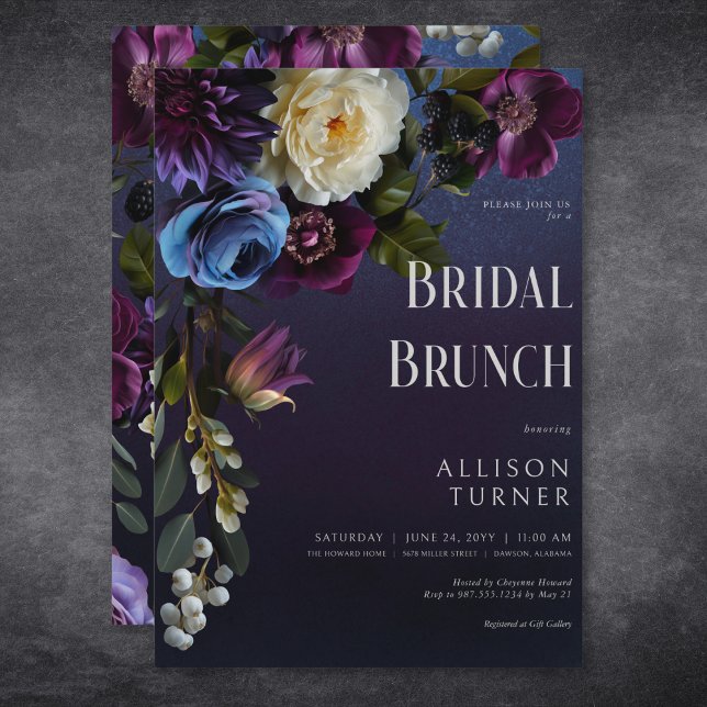 Invitation Bleu foncé et violet Moody Bridal Brunch (Dark Blue & Purple Floral Moody Bridal Brunch Invitation)