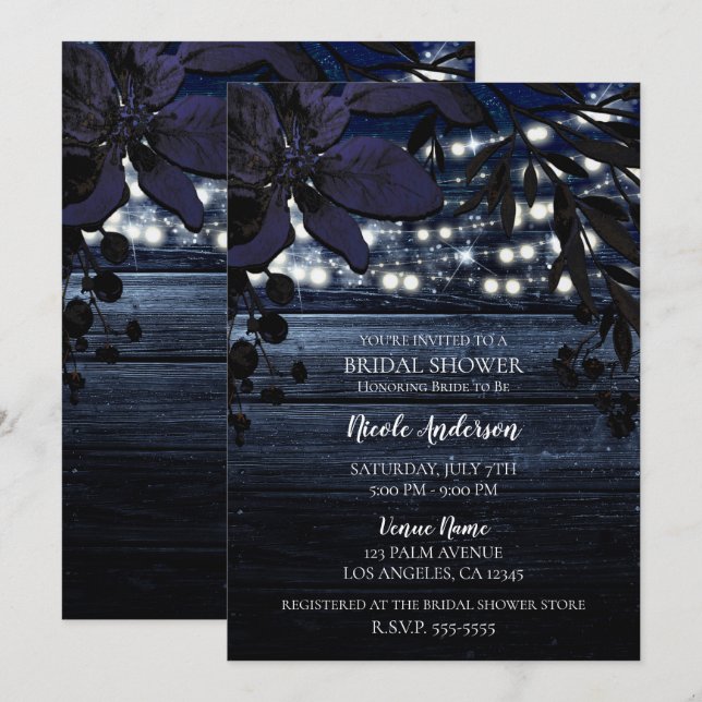 Invitation Bleu foncé Floral Bois rustique Lumières Fête des  (Devant / Derrière)