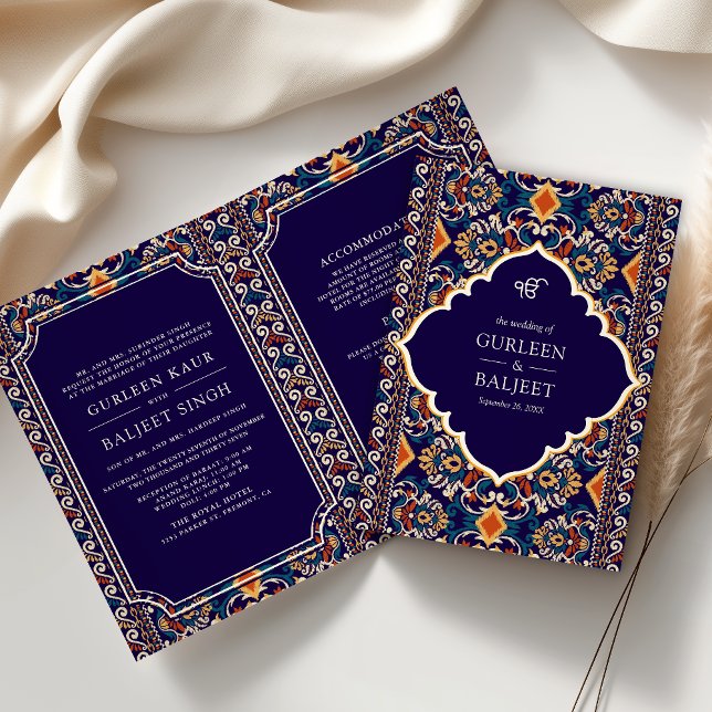 Invitation Bleu foncé Ikat jaune tout en un Mariage sikh (Créateur téléchargé)