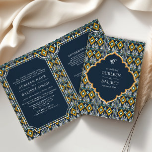 Invitation Bleu foncé Ikat jaune tout en un Mariage sikh