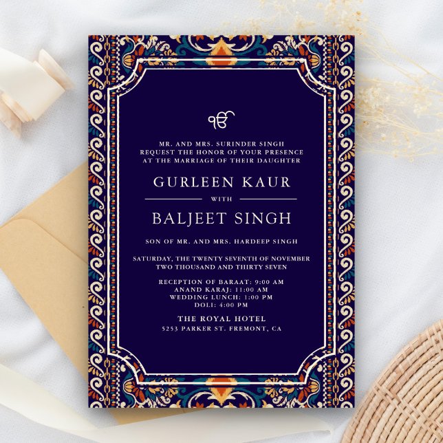 Invitation Bleu foncé Jaune Ikat Anand Karaj Sikh Mariage (Créateur téléchargé)