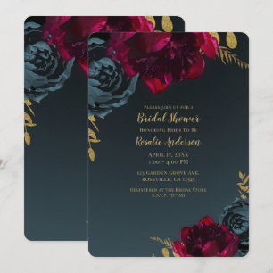 Invitation Bleu foncé Moody Floral Gold Fête des mariées